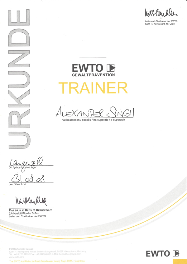 EWTO Trainerschein für das WingTsun und Gewaltprävention für Erwachsene EWTO Trainerschein für das WingTsun und Gewaltprävention für Erwachsene
